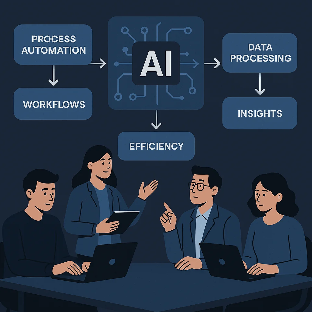 Illustration showing AI automation process with robots and data flows