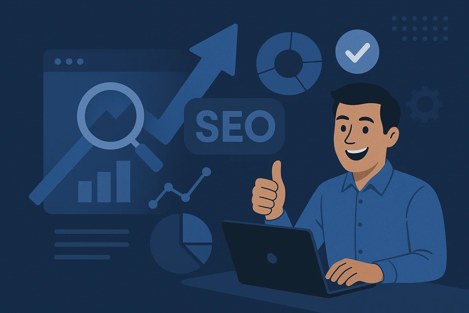 Modern 2D illustration of a happy client using a laptop, surrounded by SEO icons such as charts, arrows, and a magnifying glass – representing effective SEO strategies.
