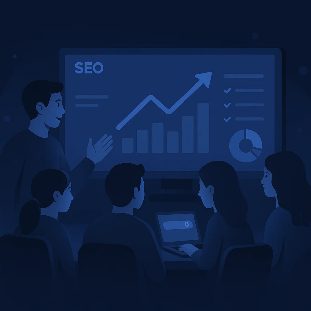 Illustration of an SEO team collaborating around a large screen showing analytics, charts, and SEO growth indicators.