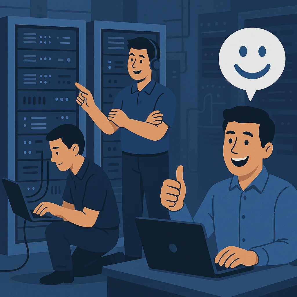 Modern server room with technicians maintaining our high-performance hosting infrastructure